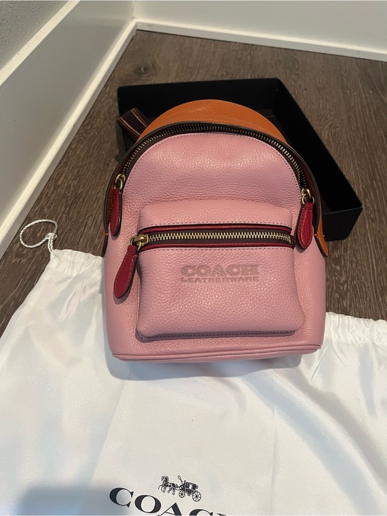 COACH Pink Pebbled Leather Mini Backpack with Brown and Red Accents main image 4